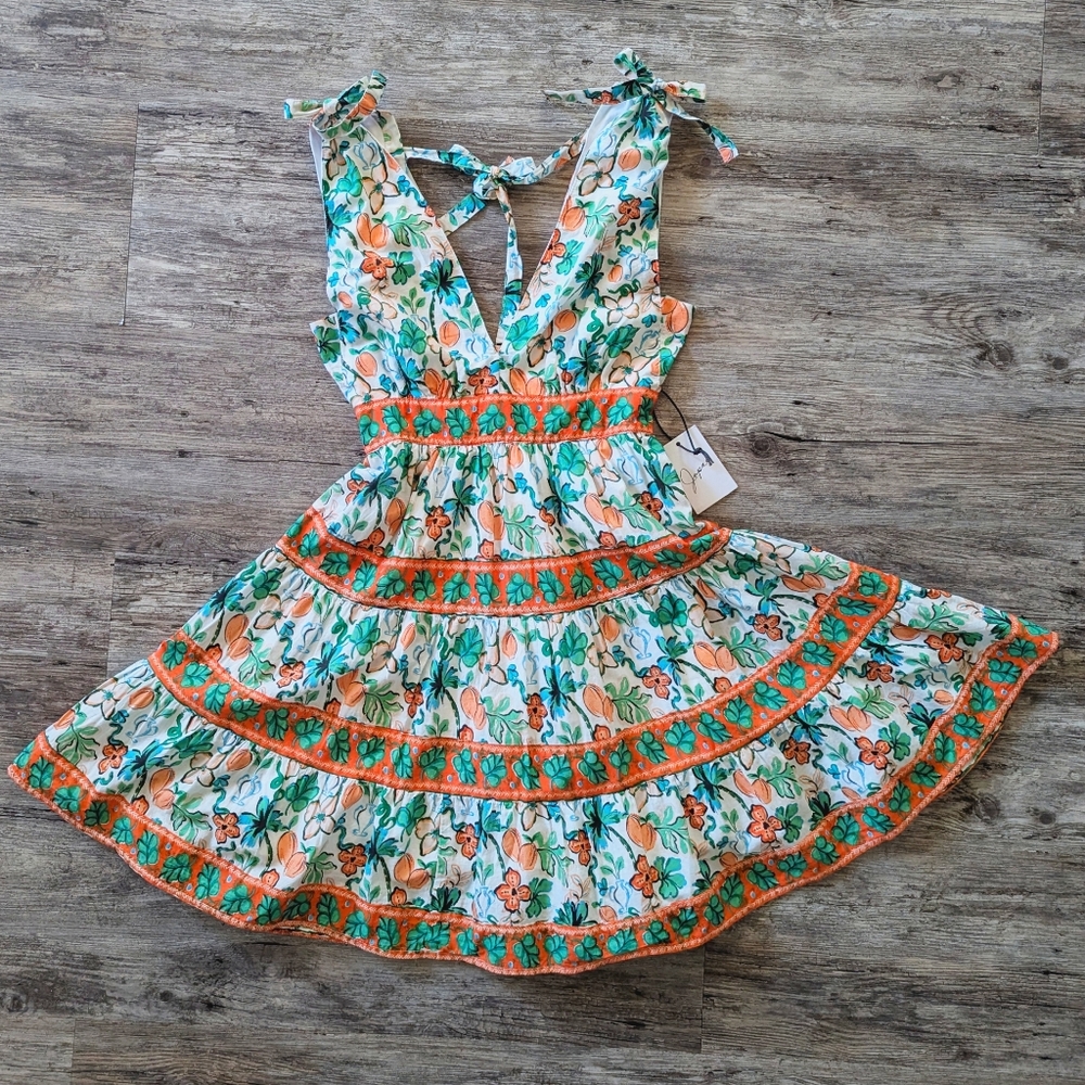 Japna - Sundress Mini Fit and Flare Deep-V off-White, Green, Orange Small